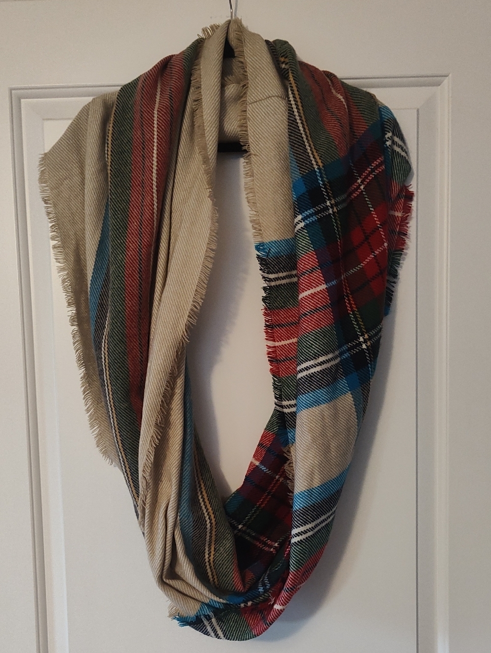 Plaid Infinity Scarf in Beige, Red, Blue & Green